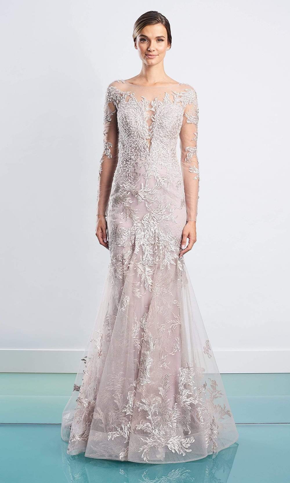 Alexander By Daymor - 1474 Illusion Embellished Tulle Gown Evening Dresses 4 / Biscotti
