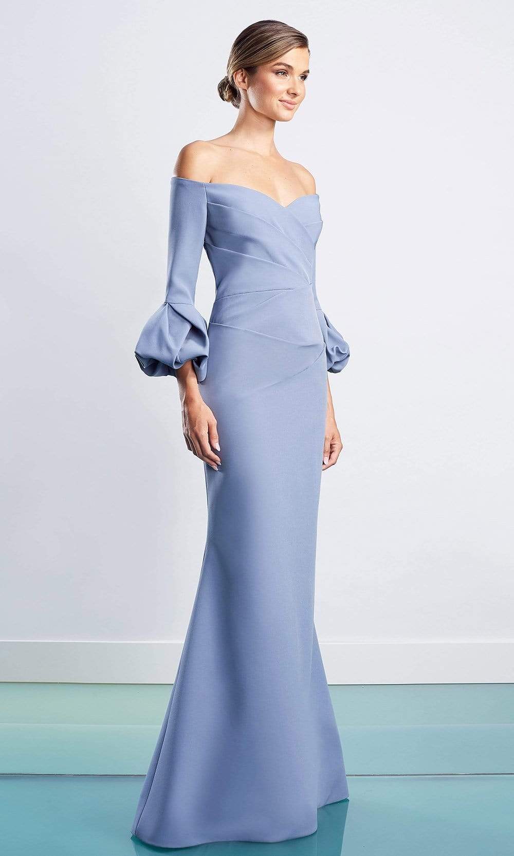 Alexander by Daymor - Puff Quarter Sleeve Off Shoulder Gown 1478 In Blue