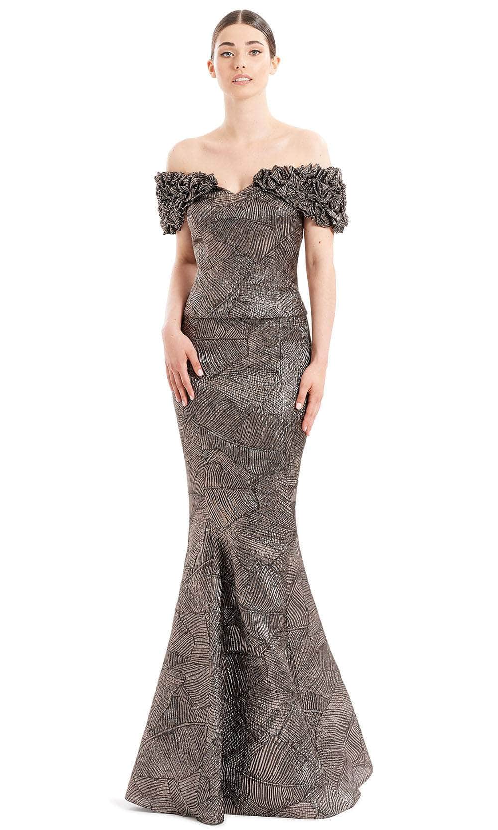 Alexander By Daymor 1650F22 - Ruffled Sleeve Metallic Evening Gown Special Occasion Dress 4 / Mocha