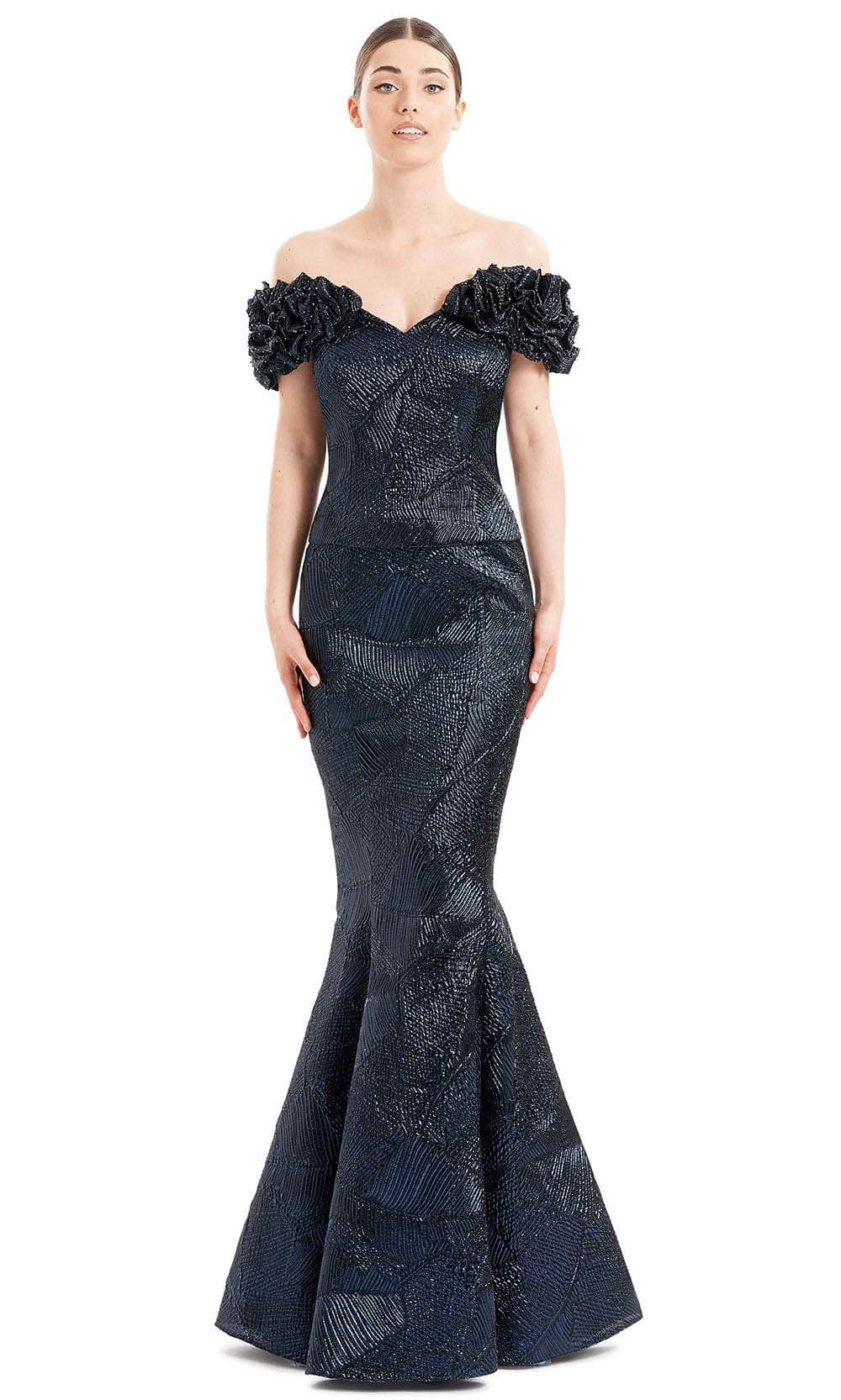 Alexander By Daymor 1650F22 - Ruffled Sleeve Metallic Evening Gown Special Occasion Dress 4 / Navy