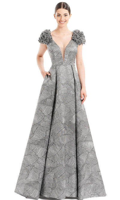 Alexander By Daymor 1651F22 - Ruffled Cap Sleeve Evening Gown In Silver