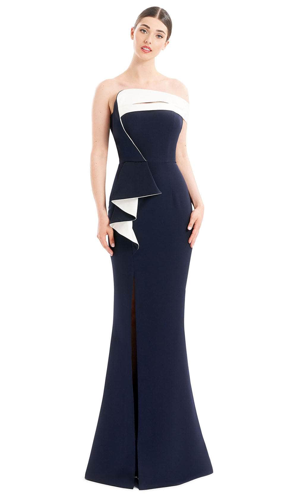 Alexander By Daymor 1660F22 - Draped Off-Shoulder Formal Gown Special Occasion Dress 4 / Navy/White