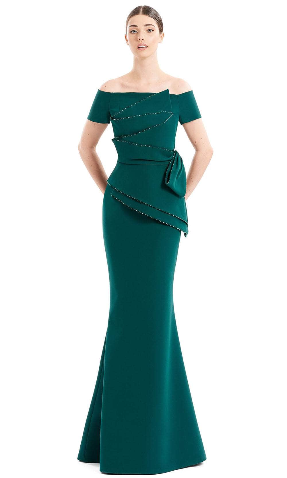 Alexander By Daymor 1661F22 - Off Shoulder Pleated Evening Gown Special Occasion Dress 4 / Forest