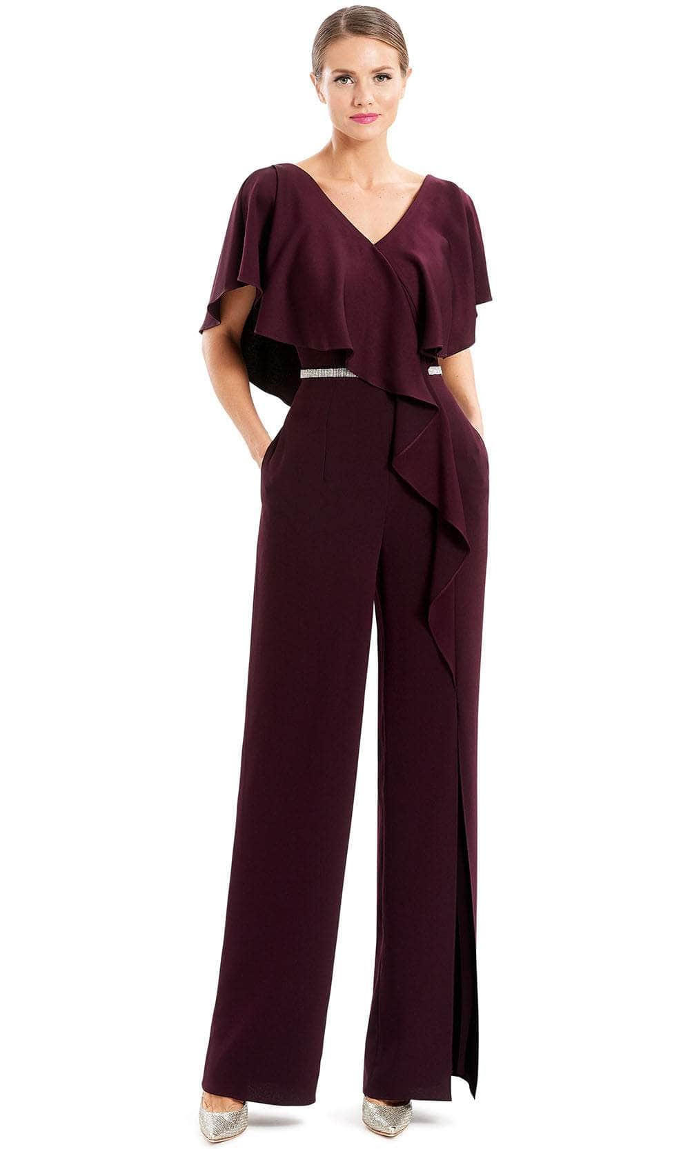 Alexander By Daymor 1669F22 - Ruffled Short Sleeve Formal Jumpsuit Special Occasion Dress 2 / Aubergine