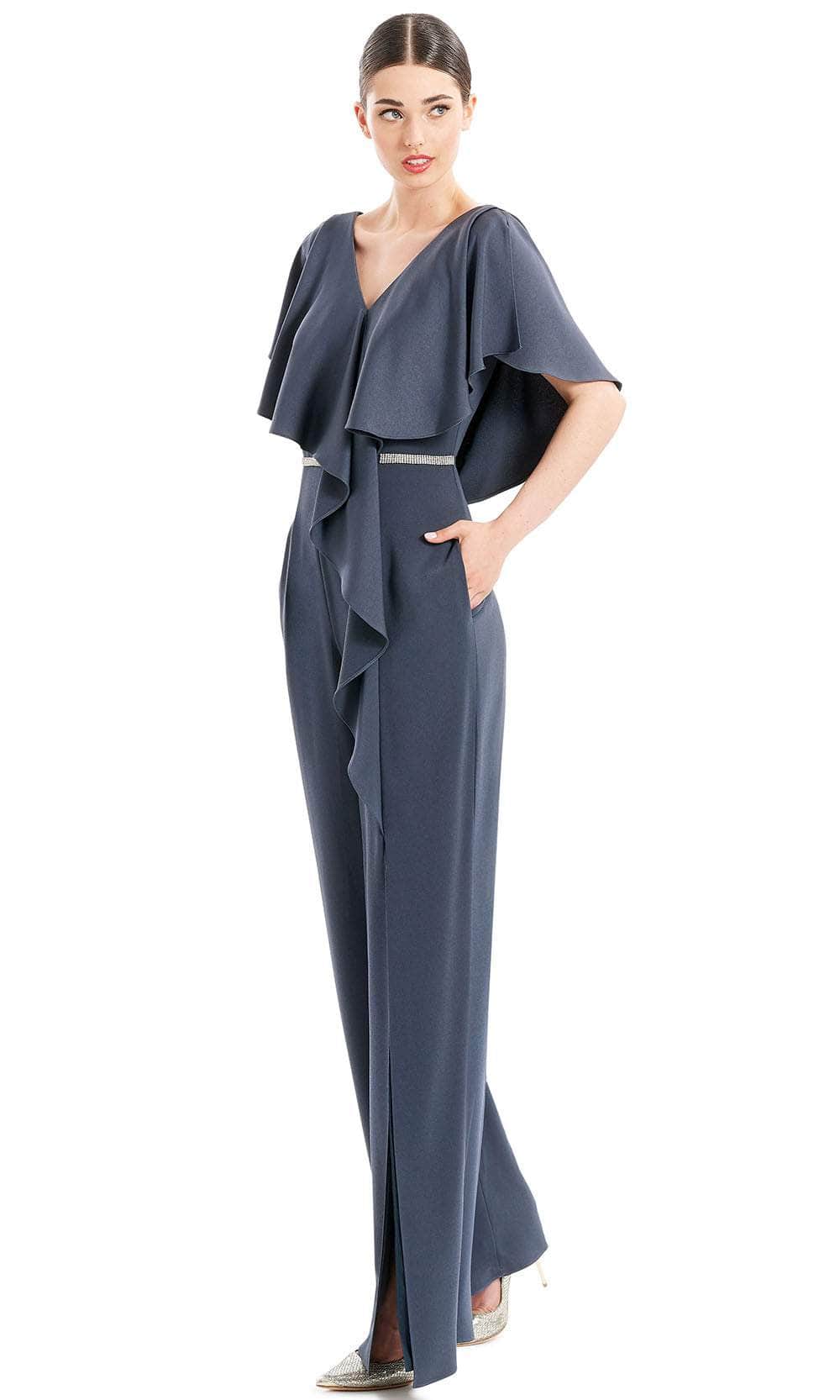Alexander By Daymor 1669F22 - Ruffled Short Sleeve Formal Jumpsuit Special Occasion Dress 2 / Graphite