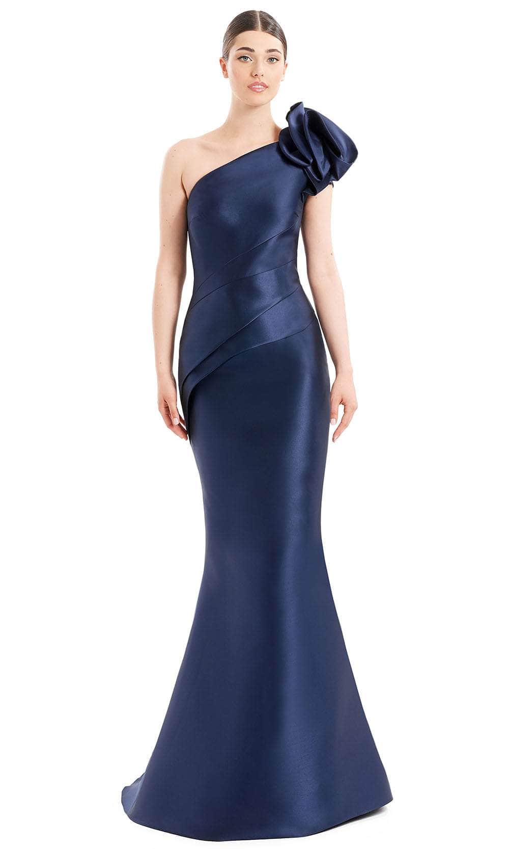 Alexander By Daymor 1673F22 - Asymmetric Pleated Peplum Evening Gown Special Occasion Dress 4 / Navy