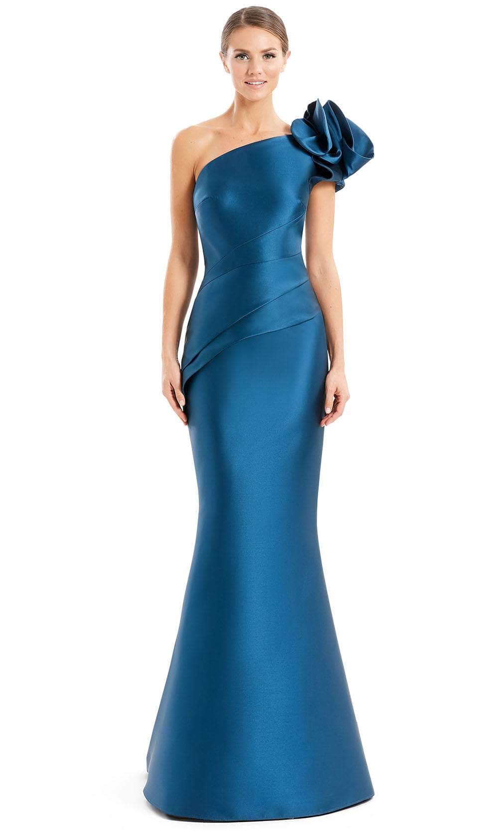 Alexander By Daymor 1673F22 - Asymmetric Pleated Peplum Evening Gown Special Occasion Dress 4 / Teal Blue