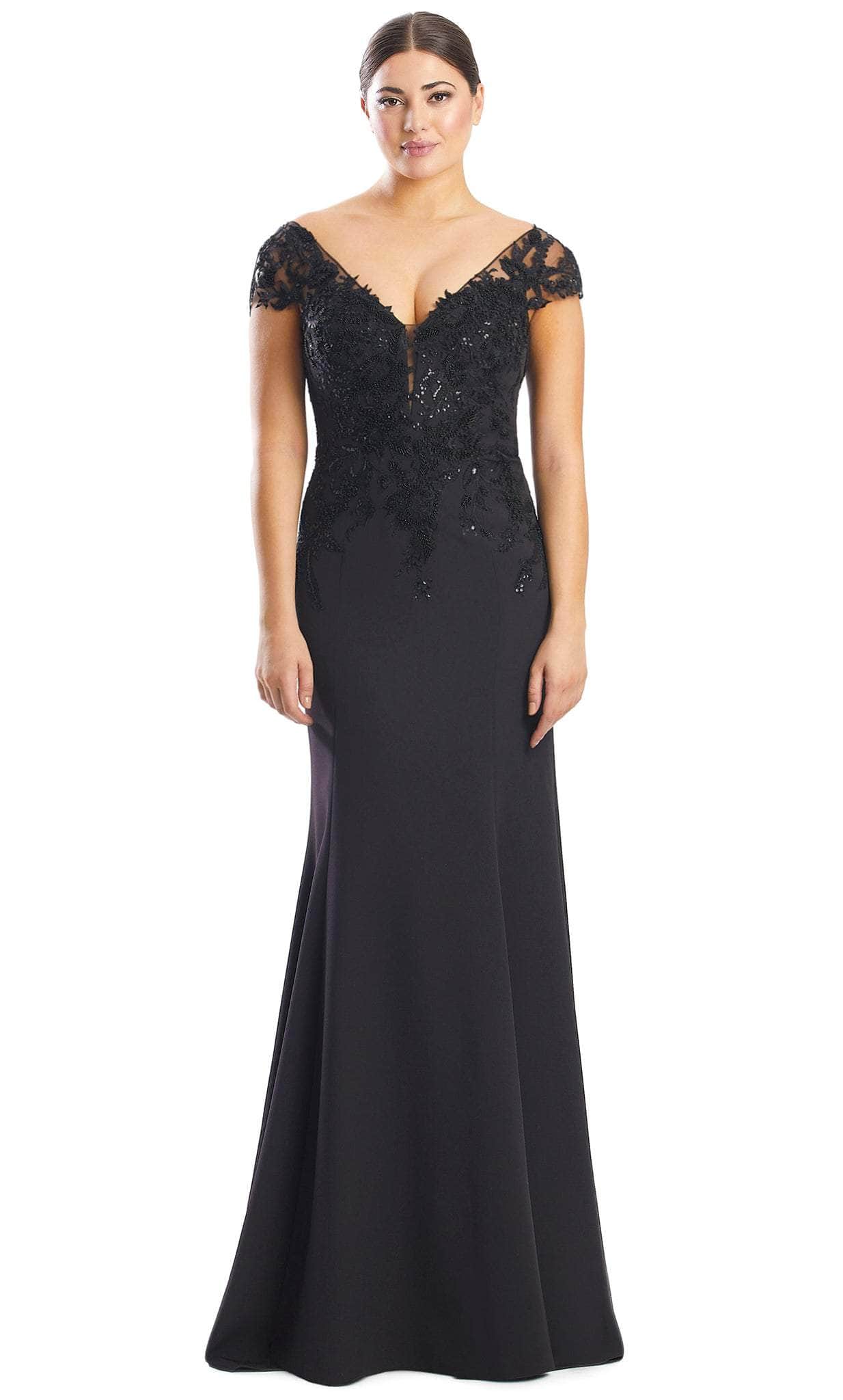 Alexander by Daymor 1752S23 - Modest V Neck Lace Formal Gown Evening Dresses 00 / Black