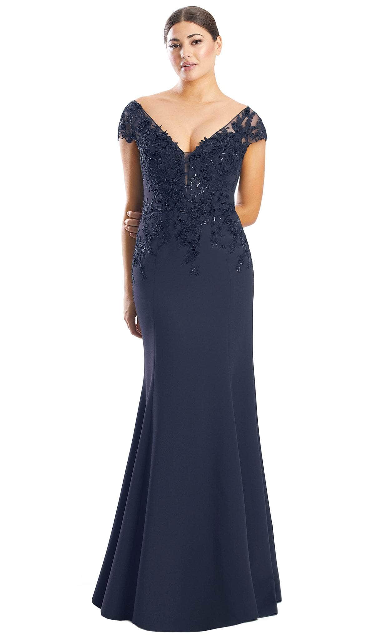 Alexander by Daymor 1752S23 - Modest V Neck Lace Formal Gown Evening Dresses 00 / Navy