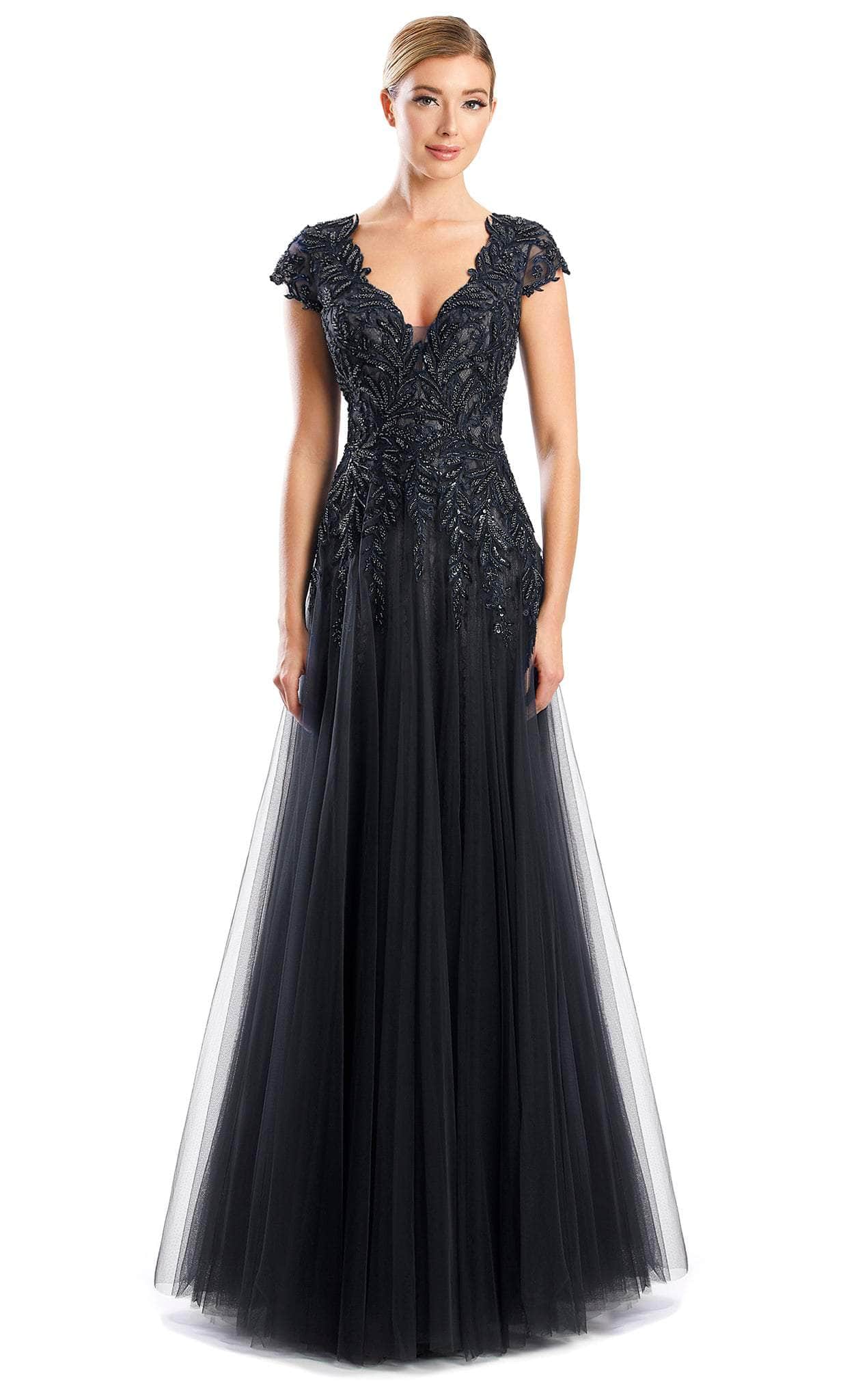 Alexander by Daymor 1755S23 - V Neck Laced A-Line Gown Evening Dresses 00 / Black