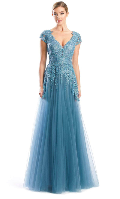 Alexander by Daymor 1755S23 - V Neck Laced A-Line Gown Evening Dresses 00 / Juniper Blue