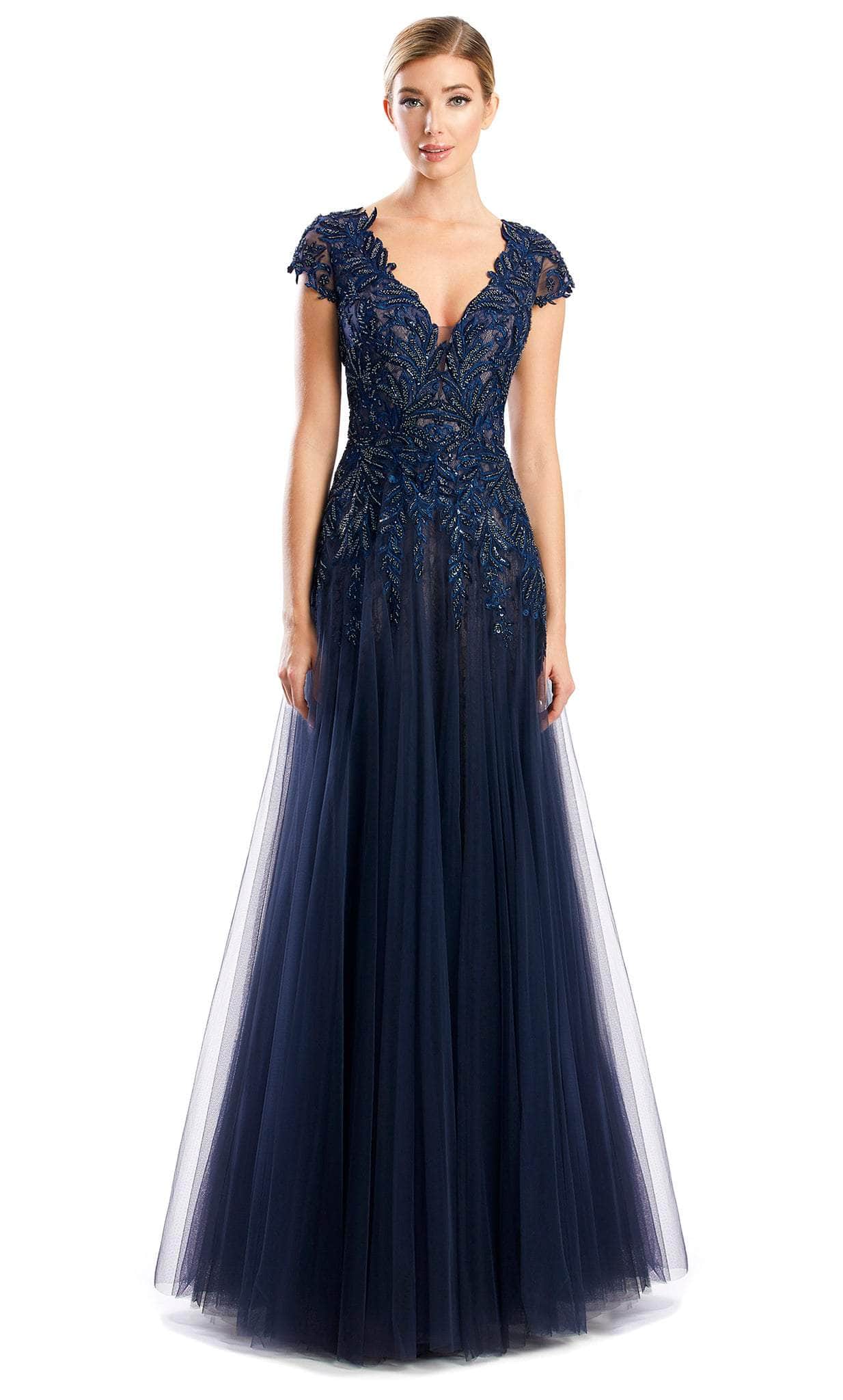 Alexander by Daymor 1755S23 - V Neck Laced A-Line Gown Evening Dresses 00 / Navy