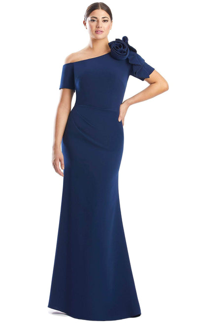 Alexander by Daymor 1762S23 - Rose-Detailed Asymmetrical Formal Gown Evening Dresses 00 / Navy