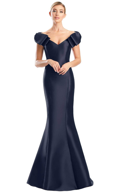 Alexander by Daymor 1773S23 - Bow Appliqued Sleeves Formal Dress Evening Dresses 00 / Navy