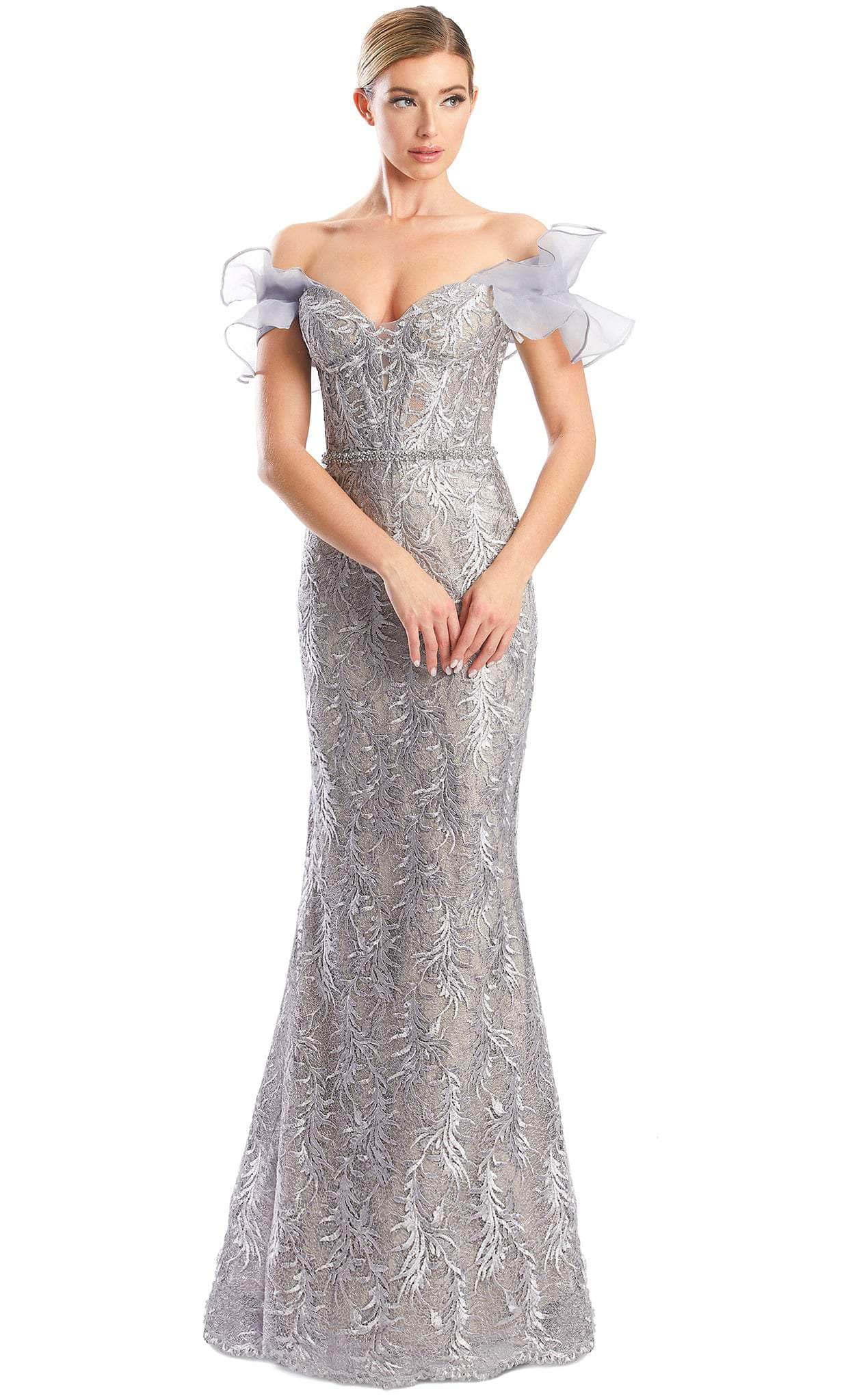 Alexander by Daymor 1774S23 - Ruffled Sleeve Sweetheart Lace Gown Evening Dresses 00 / Dove Grey