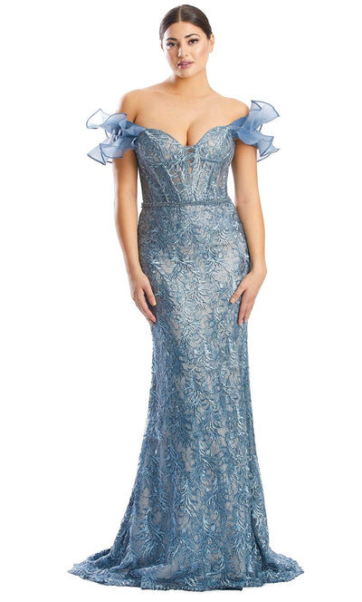 Alexander by Daymor 1774S23 - Ruffled Sleeve Sweetheart Lace Gown Evening Dresses 00 / Juniper Blue