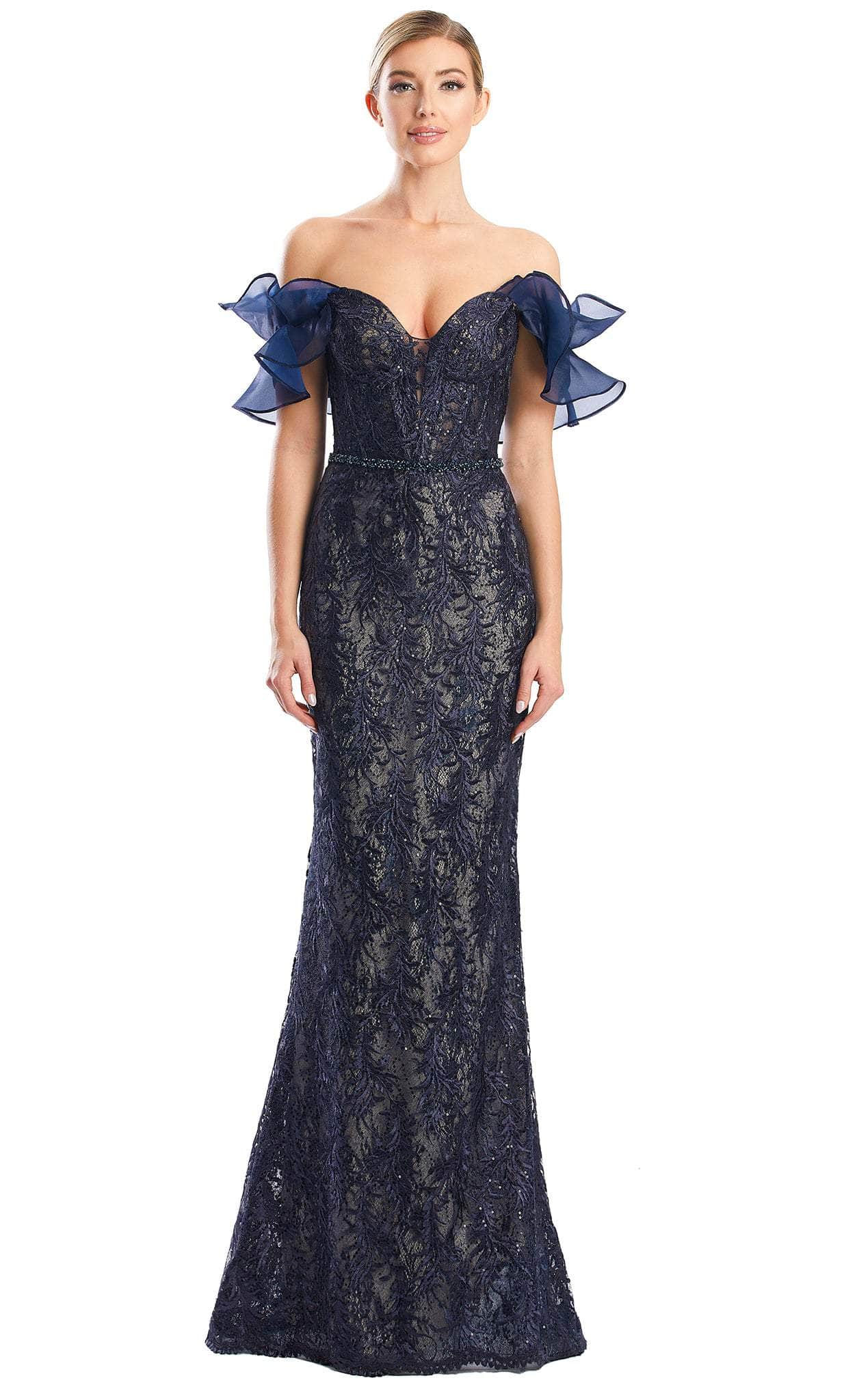 Alexander by Daymor 1774S23 - Ruffled Sleeve Sweetheart Lace Gown Evening Dresses 00 / Navy
