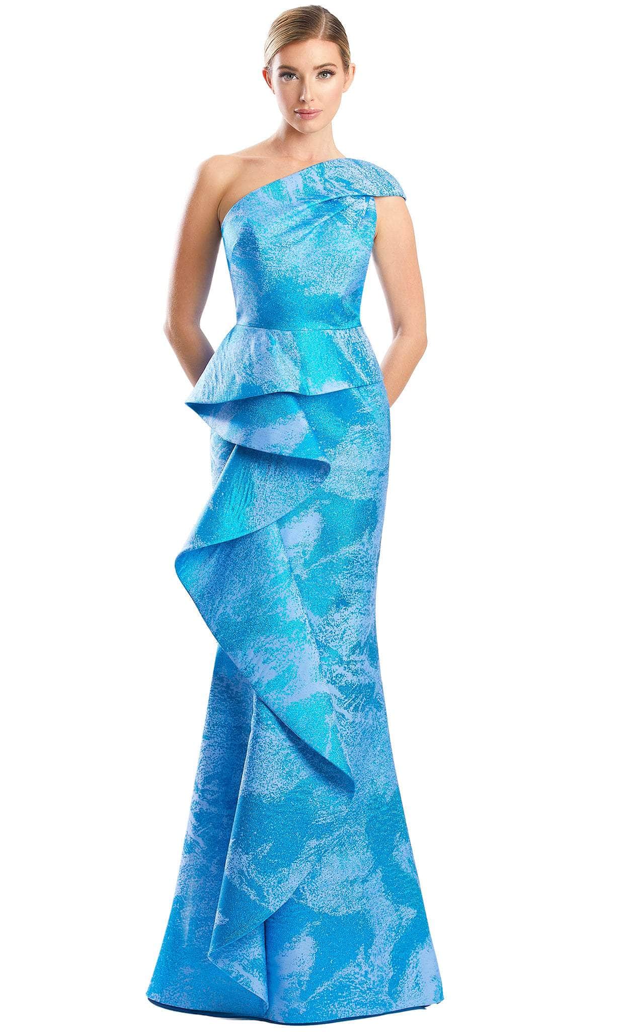 Alexander by Daymor 1782S23 - One Shoulder Printed Trumpet Gown Evening Dresses 00 / Electric Blue