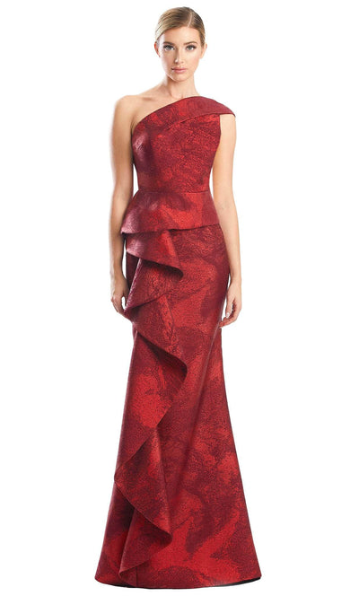 Alexander by Daymor 1782S23 - One Shoulder Printed Trumpet Gown Evening Dresses 00 / Ruby/Red