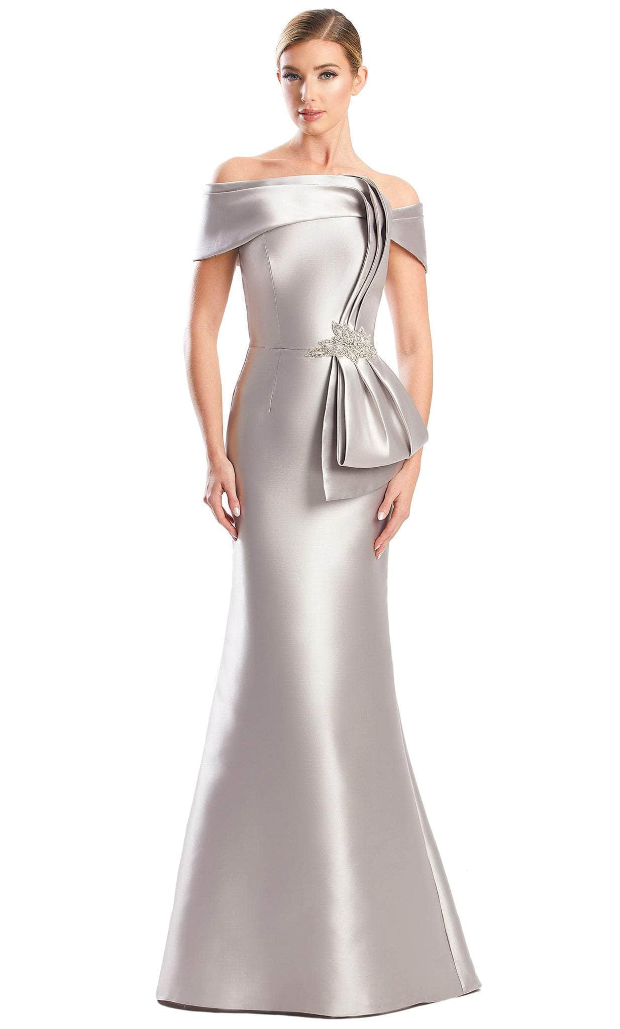 Alexander by Daymor 1783S23 - Fold over Off-Shoulder Formal Dress Evening Dresses 00 / Silver/Taupe