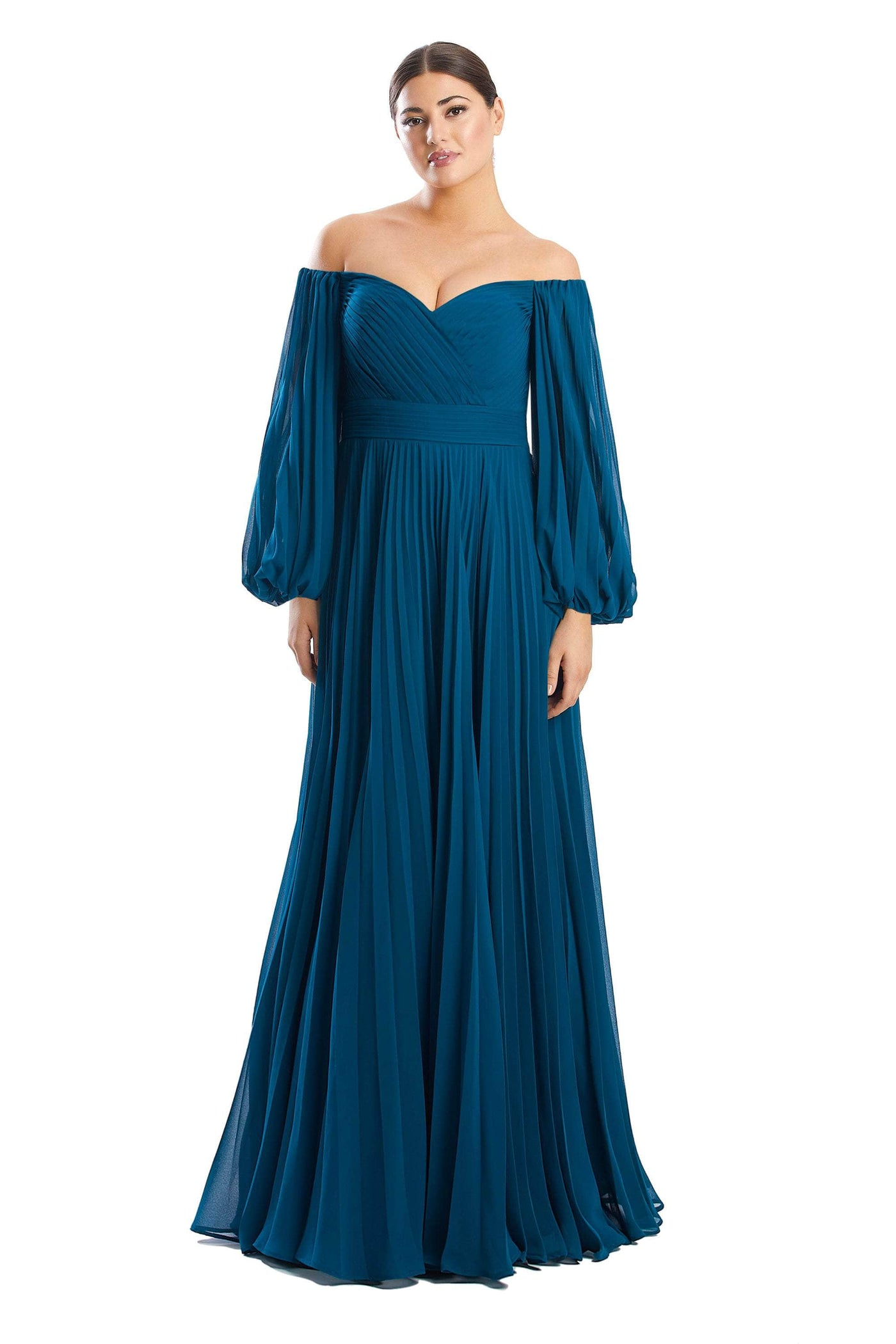 Alexander by Daymor 1792S23 - Off-Shoulder Chiffon Formal Dress Evening Dresses 00 / Teal Blue