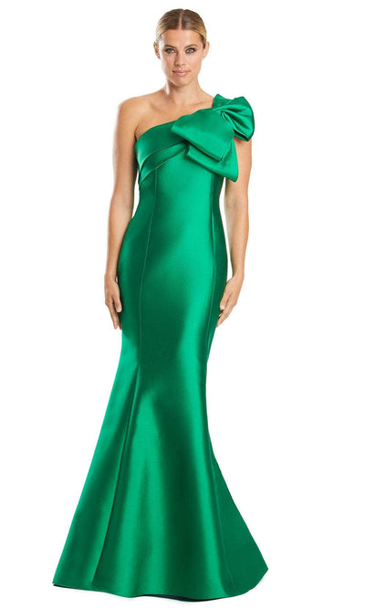 Alexander by Daymor 1850F23 - Bow Accent Asymmetric Evening Gown 00 / Emerald