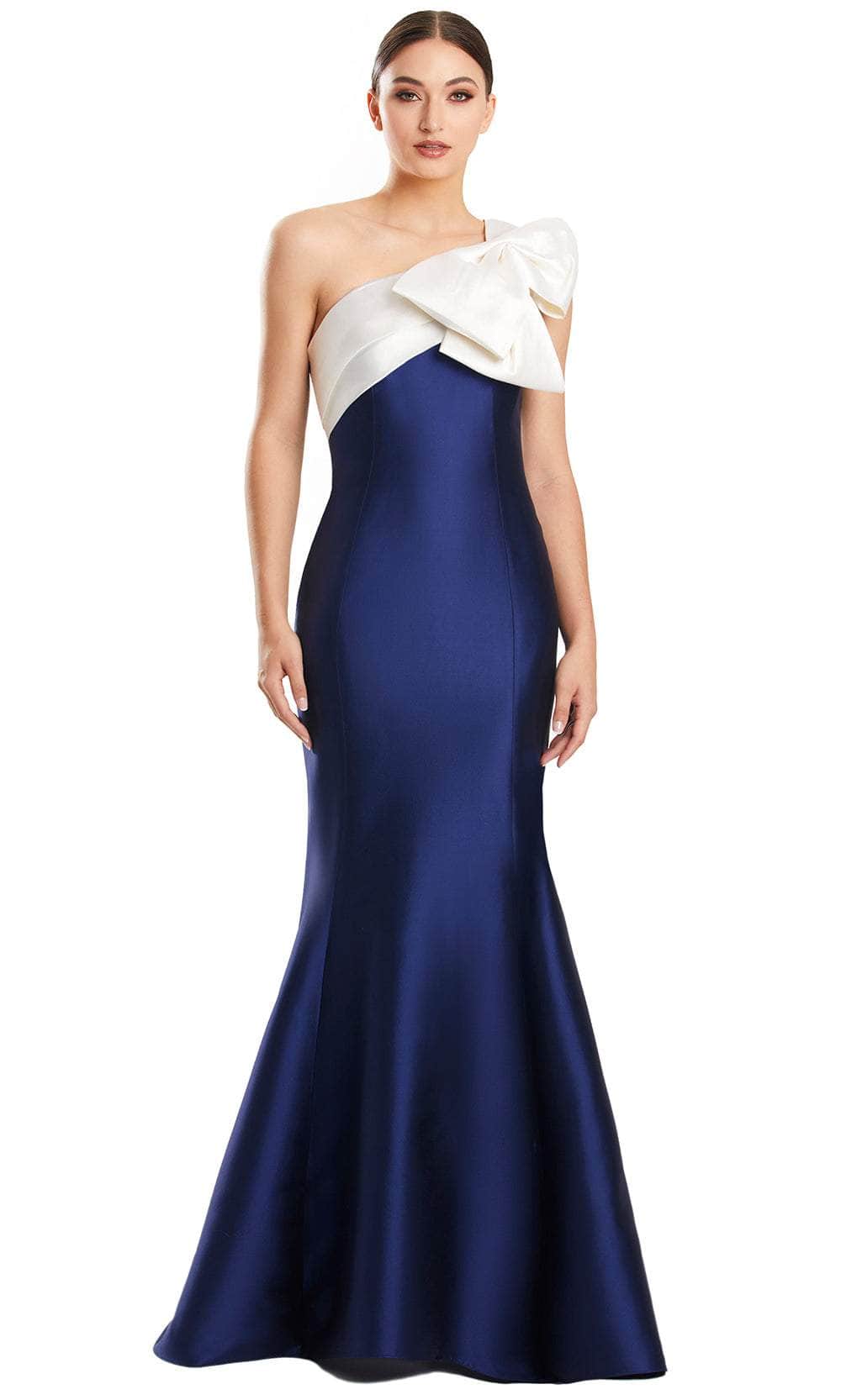 Alexander by Daymor 1850F23 - Bow Accent Asymmetric Evening Gown 00 / Navy/White