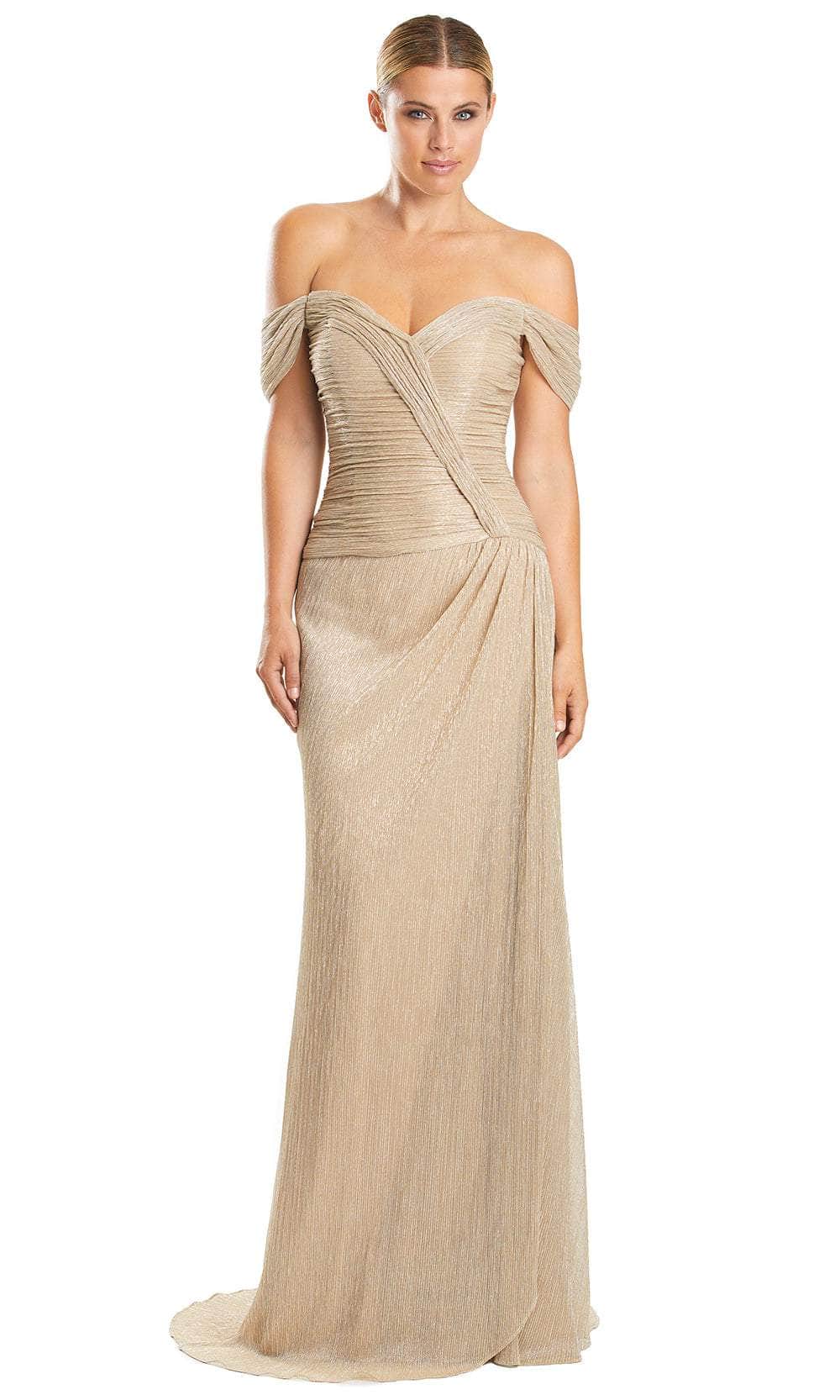 Alexander by Daymor 1858F23 - Off-Shoulder Ruched Prom Dress Special Occasion Dress 00 / Gold