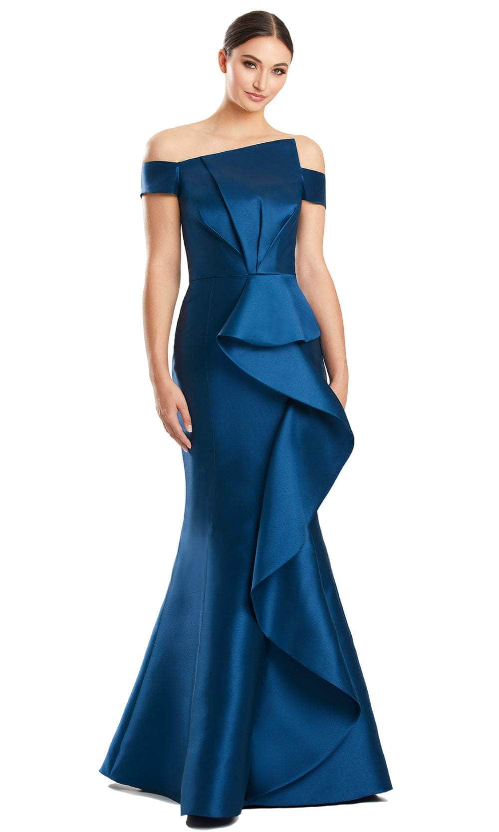 Alexander by Daymor 1873F23 - Off-Shoulder Ruffle Detailed Evening Gown Evening Dresses 18 / Teal Blue