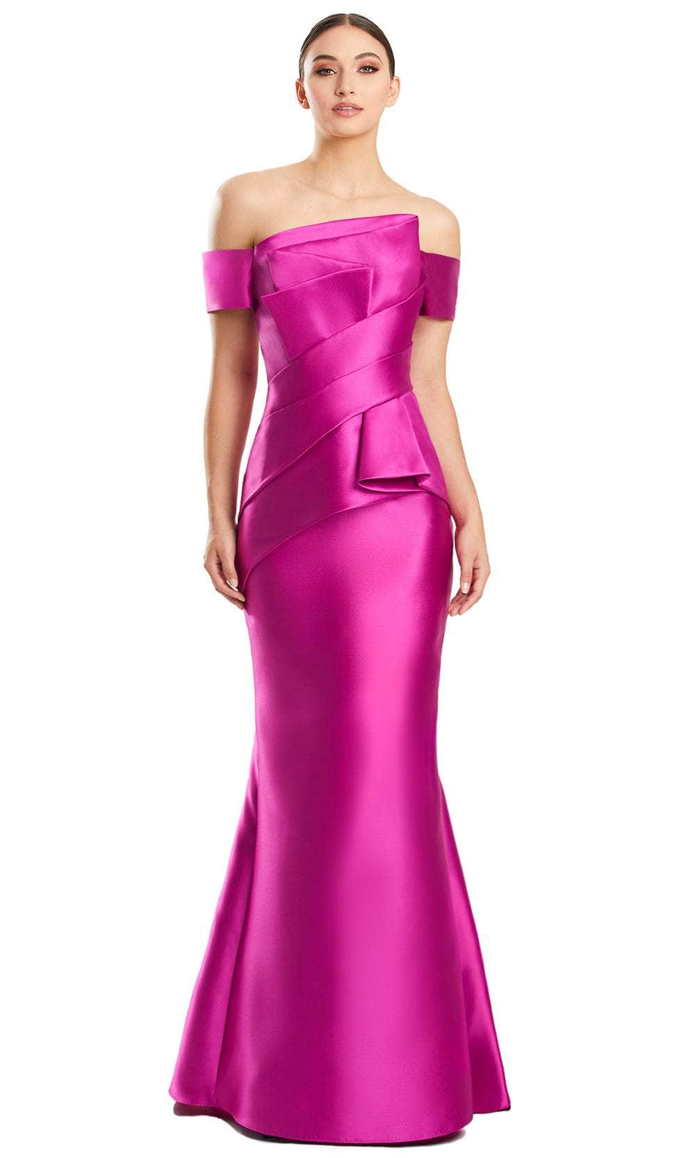 Alexander by Daymor 1878F23 - Pleated Off Shoulder Evening Gown 00 / Fuchsia