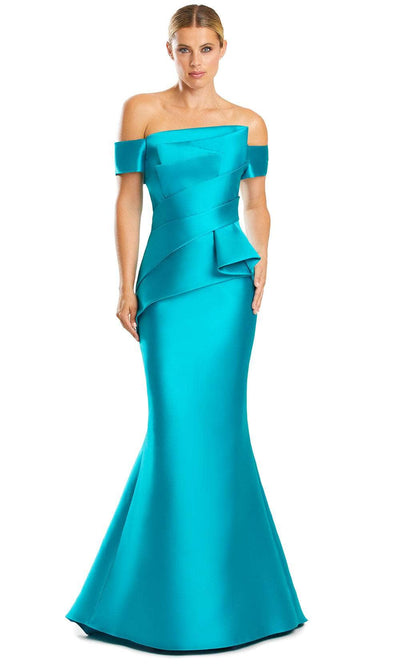 Alexander by Daymor 1878F23 - Pleated Off Shoulder Evening Gown 00 / Jade