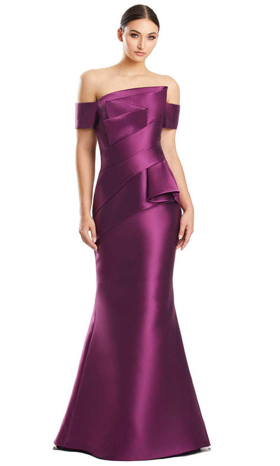Alexander by Daymor 1878F23 - Pleated Off Shoulder Evening Gown 00 / Plum