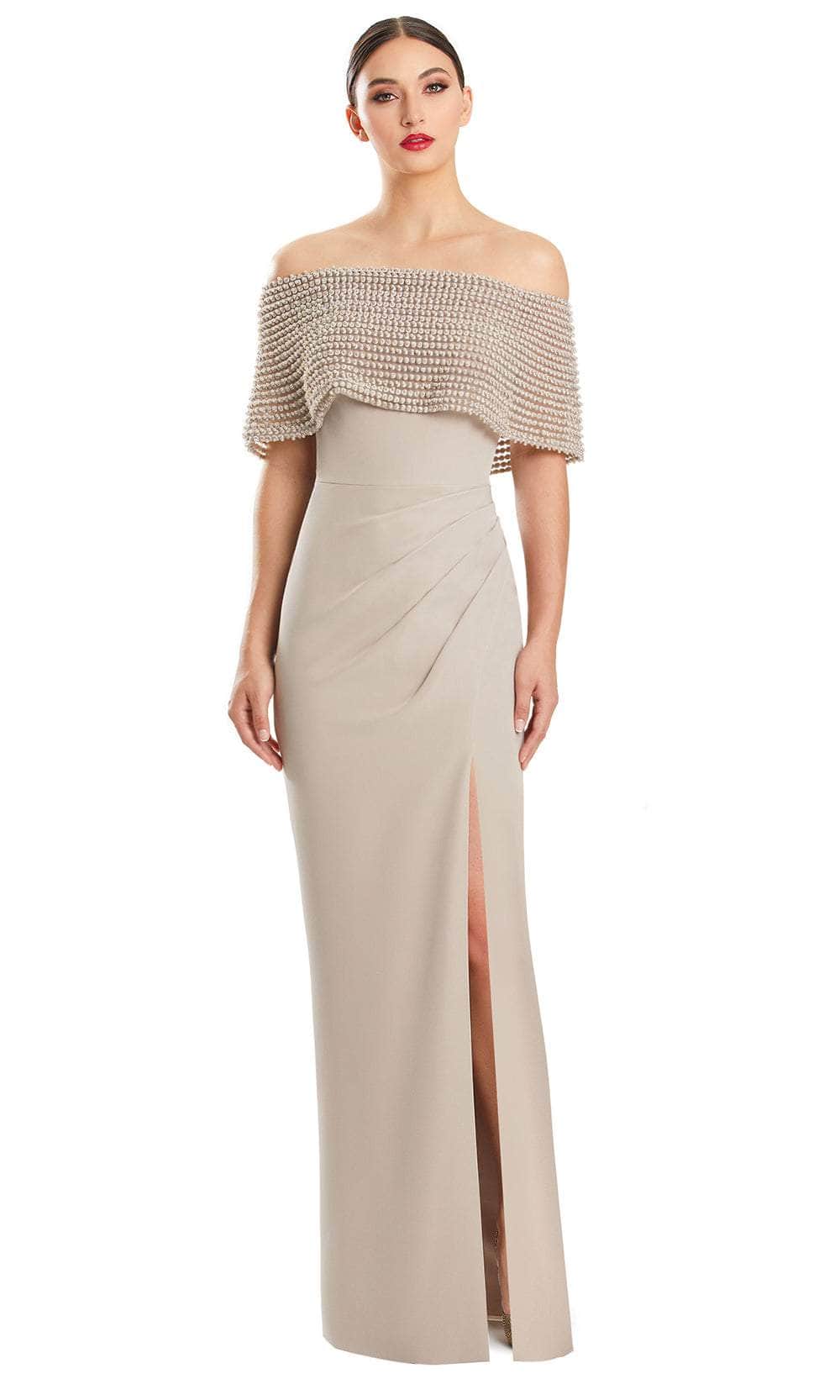Alexander by Daymor 1883F23 - Beaded Off Shoulder Evening Gown 00 / Taupe