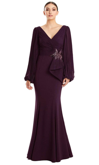 Alexander by Daymor 1886F23 - Pleated V-Neck Evening Gown 00 / Aubergine