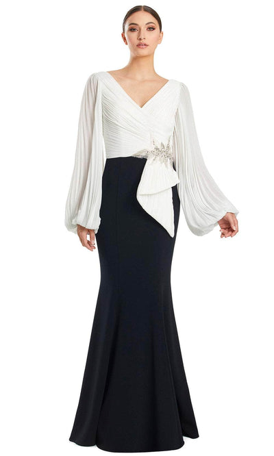 Alexander by Daymor 1886F23 - Pleated V-Neck Evening Gown 00 / Black/White