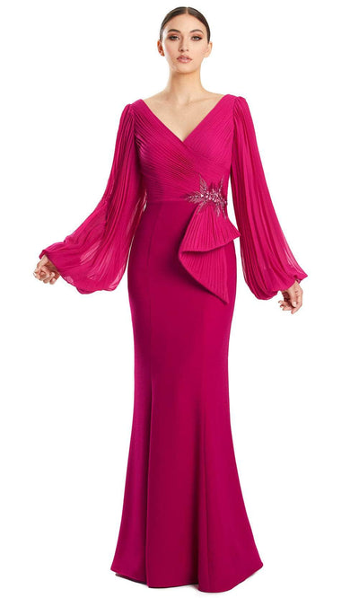 Alexander by Daymor 1886F23 - Pleated V-Neck Evening Gown 00 / Cranberry