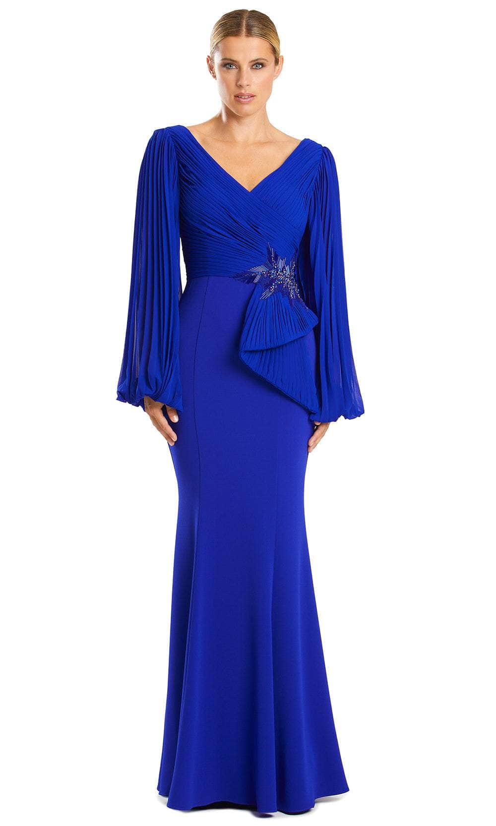 Alexander by Daymor 1886F23 - Pleated V-Neck Evening Gown 00 / Sapphire