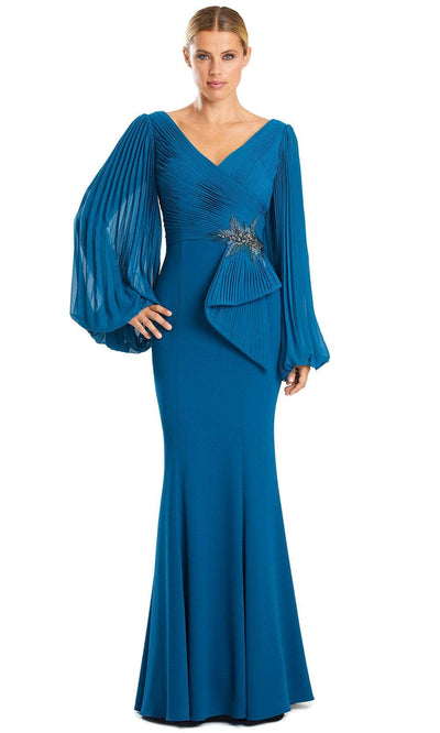 Alexander by Daymor 1886F23 - Pleated V-Neck Evening Gown 00 / Teal Blue