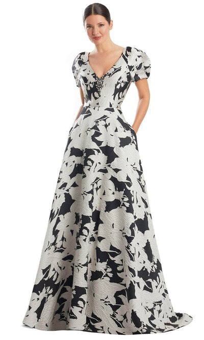 Alexander by Daymor 1987S24 - Printed V-Neck Gown Prom Dresses 4 /  Black/Cream