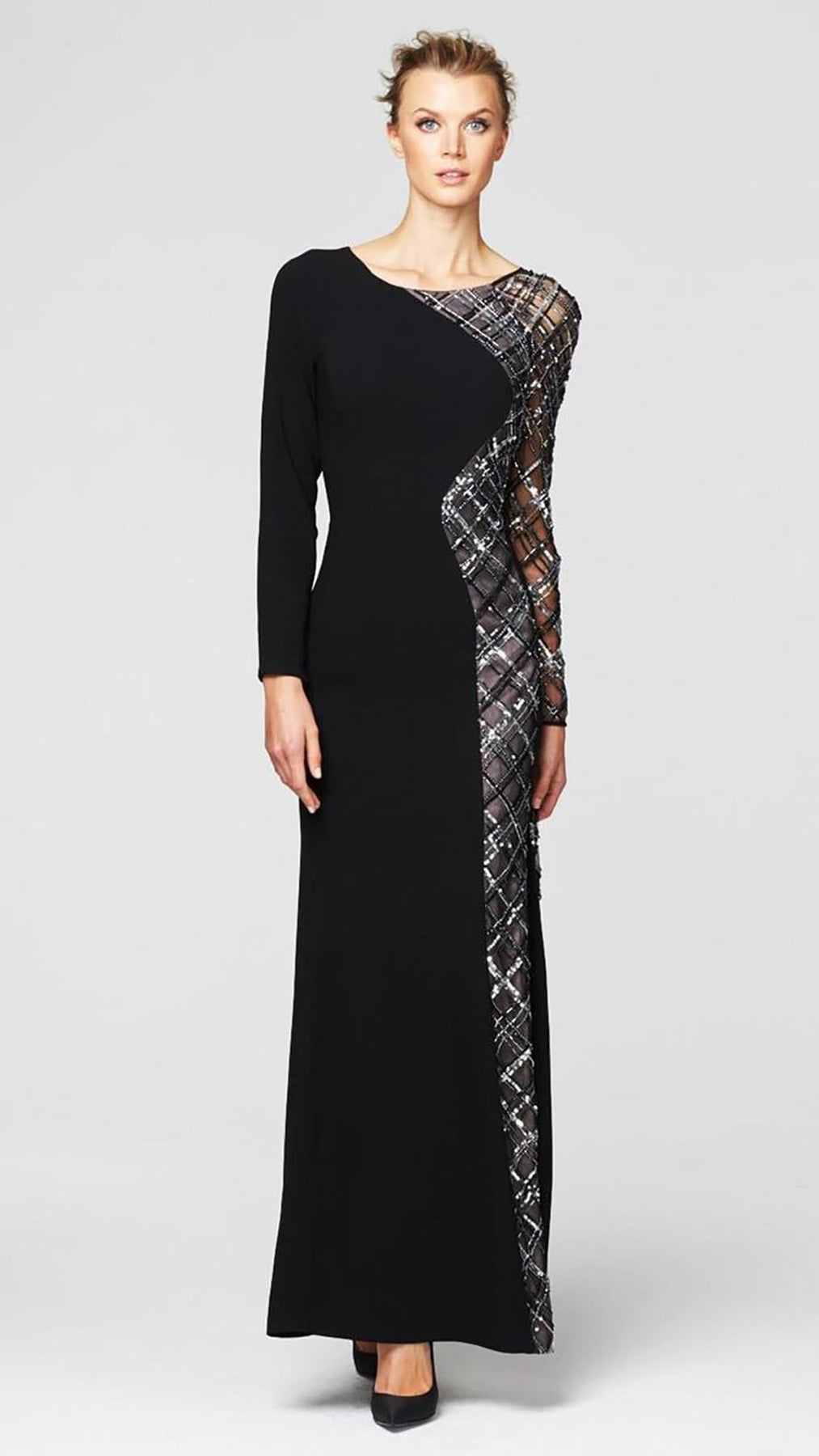 Alexander by Daymor 264 Lattice Ornate Illusion Paneled Long Sleeve Gown - 1 pc Black in Size 16 Available CCSALE 16 / Black