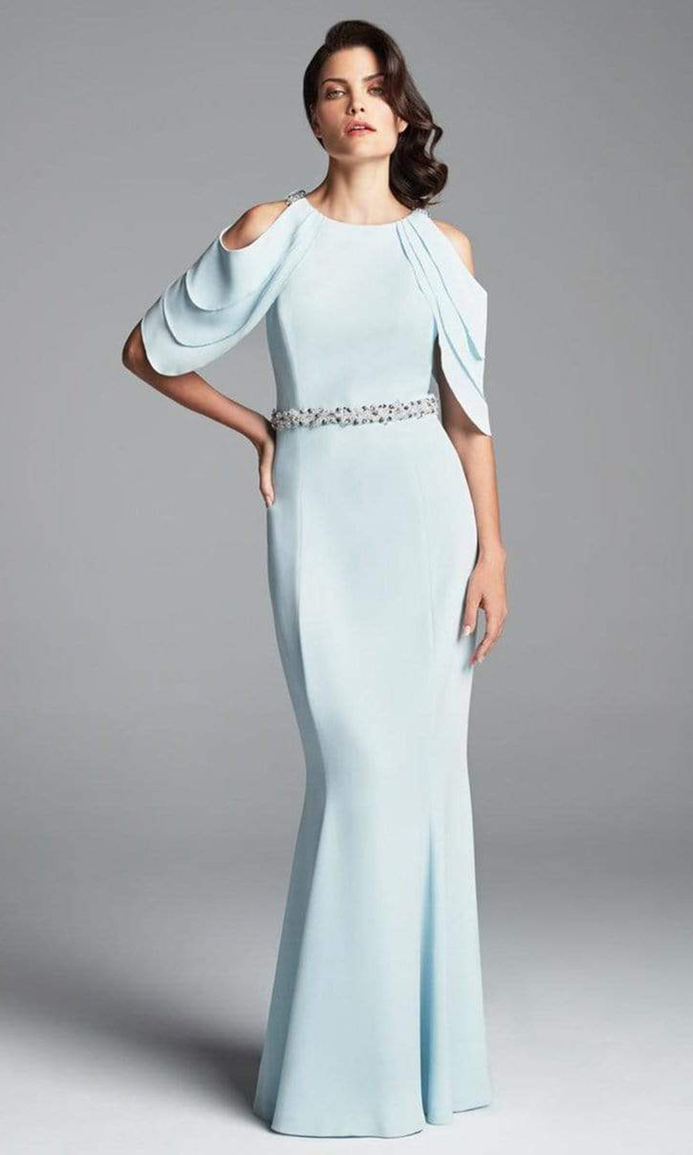 Alexander by Daymor 350 Cutaway Draped Cold Shoulder Long Sheath Gown CCSALE 6 / Soft Crystal