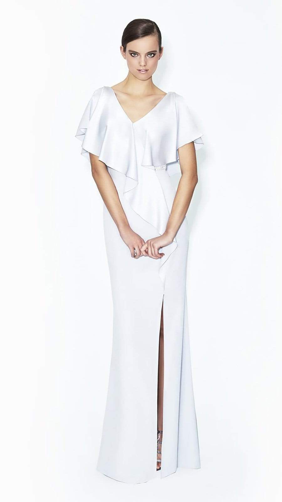 Alexander by Daymor 559 Cape V-Neck Flounce Gown CCSALE 20 / Pearl