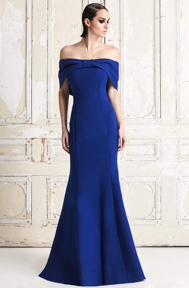 Alexander by Daymor - 767 Draping Ribbon Paneled Off Shoulder Gown Mother of the Bride Dresses 2 / Navy