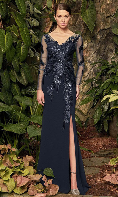 Alexander by Daymor - 960 Illusion Sleeves Sequin Lace Applique Sheath Gown Mother of the Bride Dresses 2 / Midnite