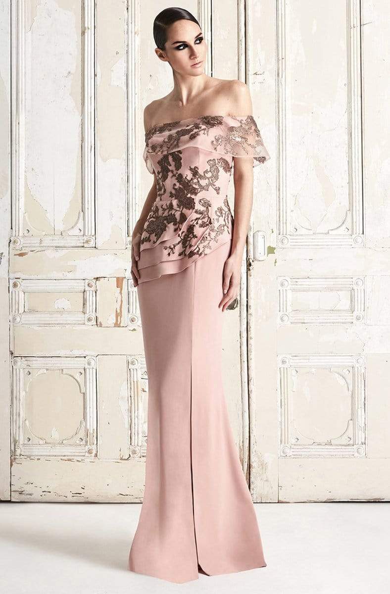 Alexander by Daymor - Embroidered Off Shoulder Peplum Long Gown 773 - 1 pc Buff in Size 16 and 1 pc Slate in Size 8 Available CCSALE 12 / Buff