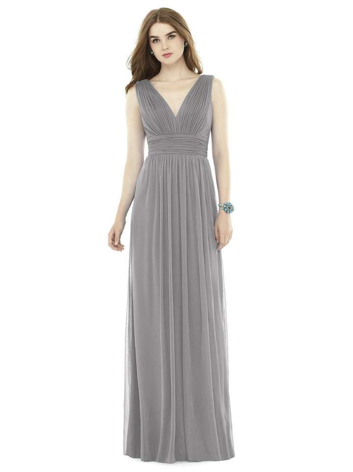 Alfred Sung - D719 Sleeveless V Neck Chiffon Knit Long Dress In Gray and Neutral