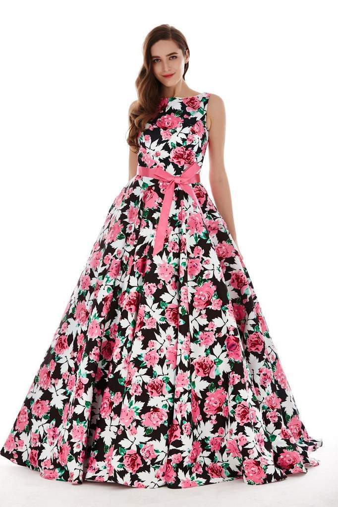 Angela & Alison - 62046 Sleeveless Bateau Neck Floral Ballgown In Black and Floral