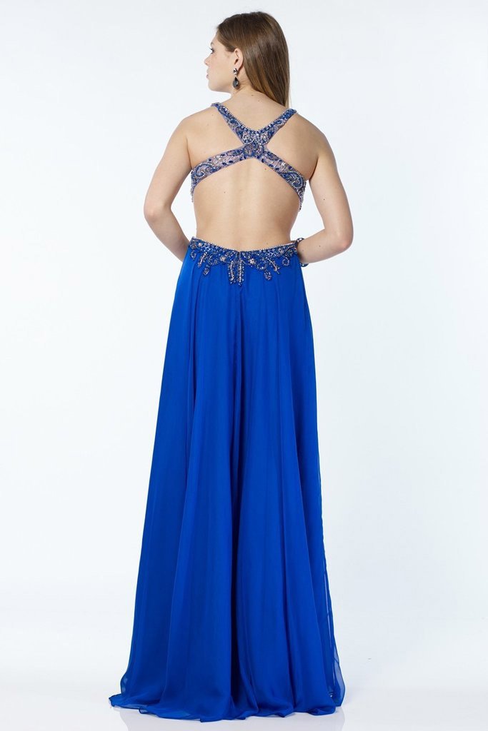 Alyce Paris - 1152 Scroll Beaded Midriff Cutout Chiffon Gown In Blue