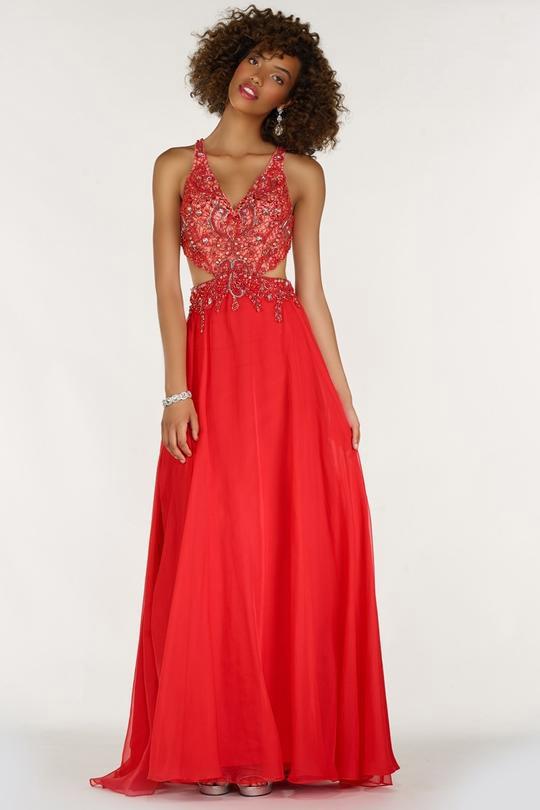 Alyce Paris - 1152 Scroll Beaded Midriff Cutout Chiffon Gown In Red