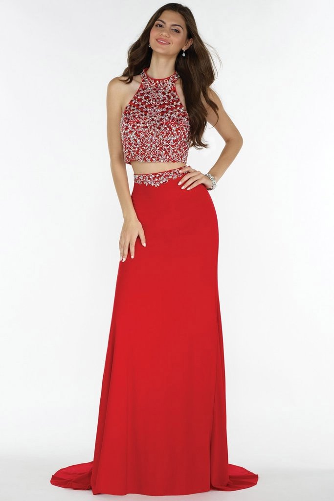 Alyce Paris - 1160 Beaded Illusion Halter Two-Piece Gown In Red